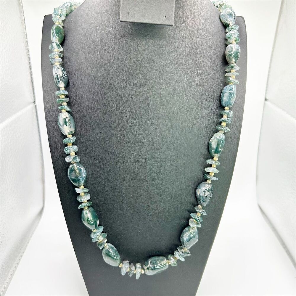 Vintage Moss Agate Quartz Chunky Beaded Necklace 28" Green Women's Jewelry